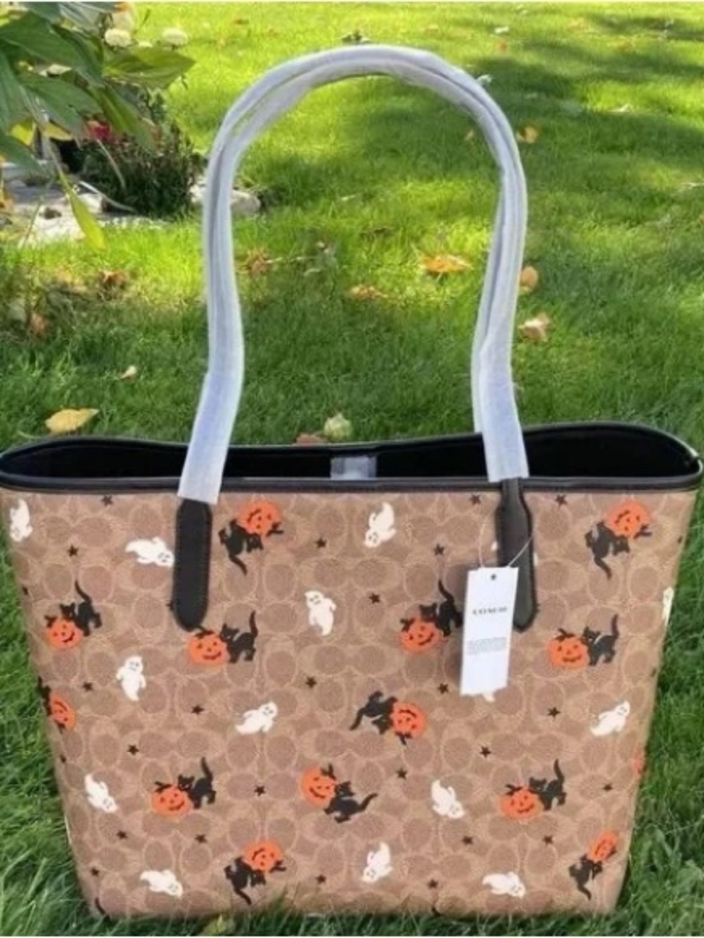 Coach Brown Halloween Print Tote with Black Handles and Orange Accents - Picture 2 of 5